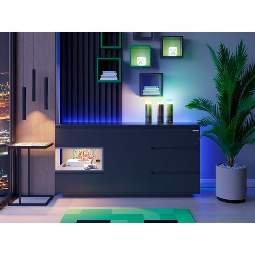 Buffet 5 Tiroirs Et Compartiment Ouvert Avec Éclairage LED - Noir Minecraft