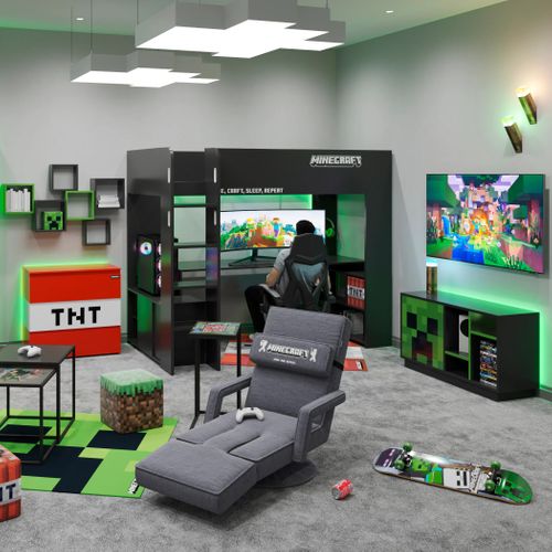 Lit Mezzanine Avec Bureau Et Éclairage LED - Lit Gamer Noir Minecraft