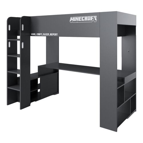 Lit Mezzanine Avec Bureau Et Éclairage LED - Lit Gamer Noir Minecraft