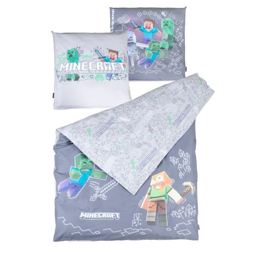Parure De Lit Réversible 100 % Coton Avec Fermeture Éclair - Gris Minecraft