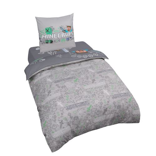 Parure De Lit Réversible 100 % Coton Avec Fermeture Éclair - Gris Minecraft