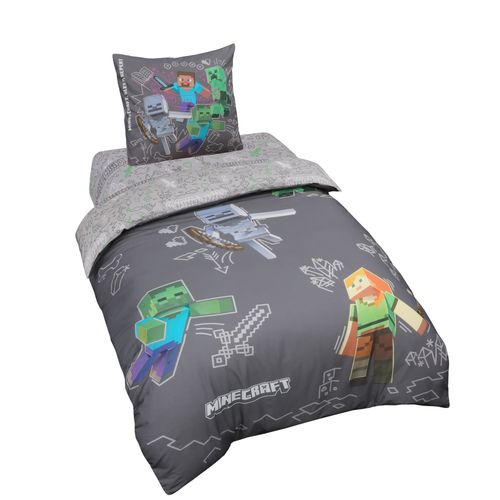 Parure De Lit Réversible 100 % Coton Avec Fermeture Éclair - Gris Minecraft