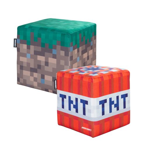Lot De 2 Poufs En Velours - Bloc D’herbe Et Cube Tnt Minecraft
