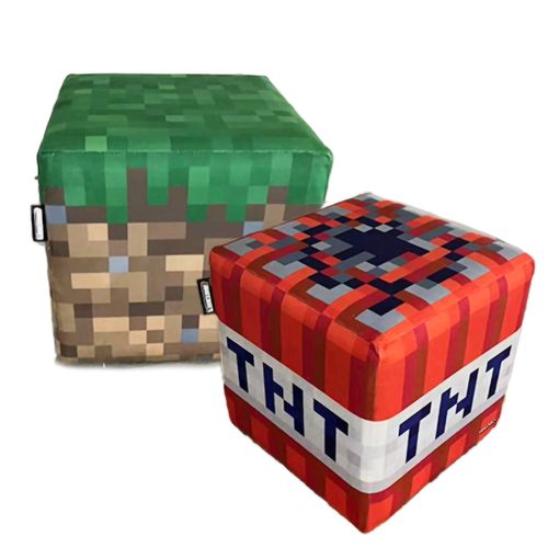 Lot De 2 Poufs En Velours - Bloc D’herbe Et Cube Tnt Minecraft
