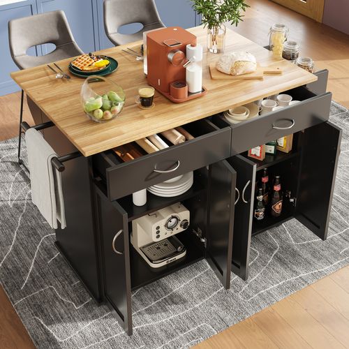 Buffet 106×50×90,5 Cm, Meuble De Cuisine Moderne Avec Espace De Rangement, Sur Roulettes, Noir