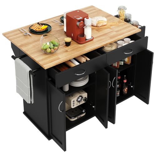 Buffet 106×50×90,5 Cm, Meuble De Cuisine Moderne Avec Espace De Rangement, Sur Roulettes, Noir