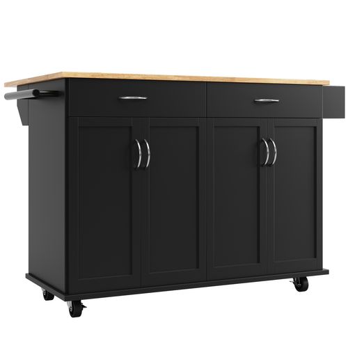 Buffet 106×50×90,5 Cm, Meuble De Cuisine Moderne Avec Espace De Rangement, Sur Roulettes, Noir