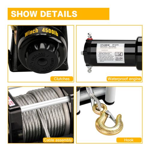 Treuil Électrique 12 V Traction Jusqu’à 4500 Lb/2041 Kg Câble En Acier De 10m, Noir