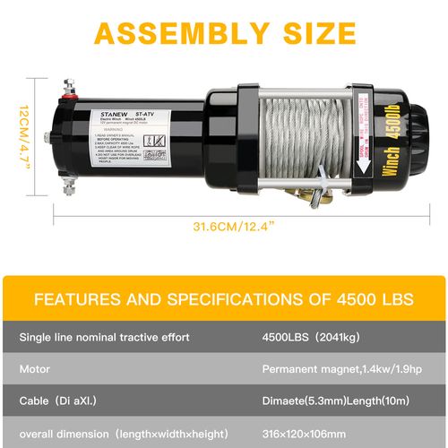 Treuil Électrique 12 V Traction Jusqu’à 4500 Lb/2041 Kg Câble En Acier De 10m, Noir