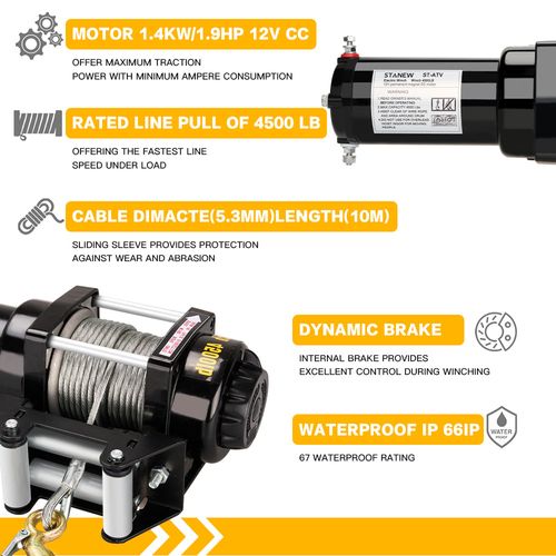 Treuil Électrique 12 V Traction Jusqu’à 4500 Lb/2041 Kg Câble En Acier De 10m, Noir