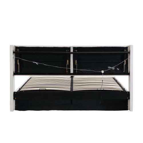 Lit à LED Binaural 180 X 200 Cm Avec Rangement, Tête De Lit Réglable, Blanc