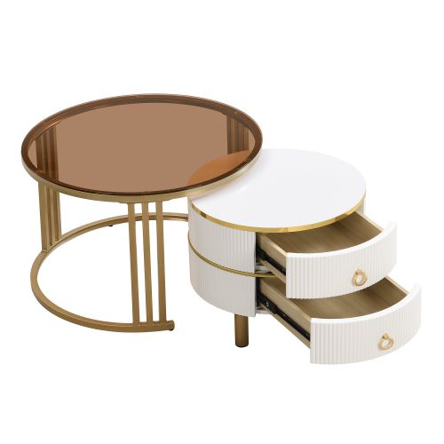 Table 2-en-1 En Mdf Avec 1 Plateau Blanc Et 1 Plateau En Brun, 70x70x46 Cm + 50x50x40 Cm