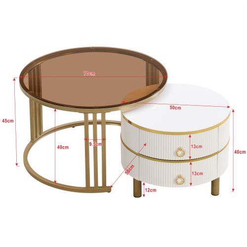 Table 2-en-1 En Mdf Avec 1 Plateau Blanc Et 1 Plateau En Brun, 70x70x46 Cm + 50x50x40 Cm