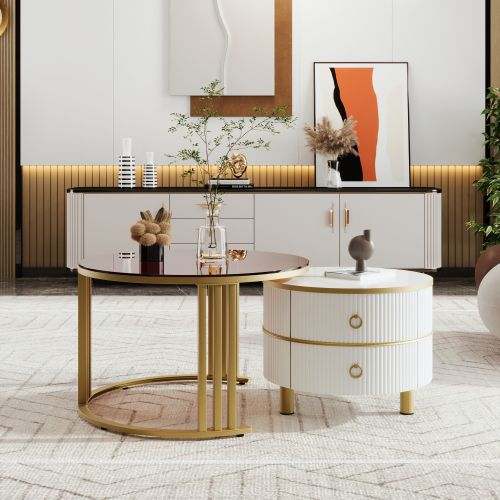Table 2-en-1 En Mdf Avec 1 Plateau Blanc Et 1 Plateau En Brun, 70x70x46 Cm + 50x50x40 Cm