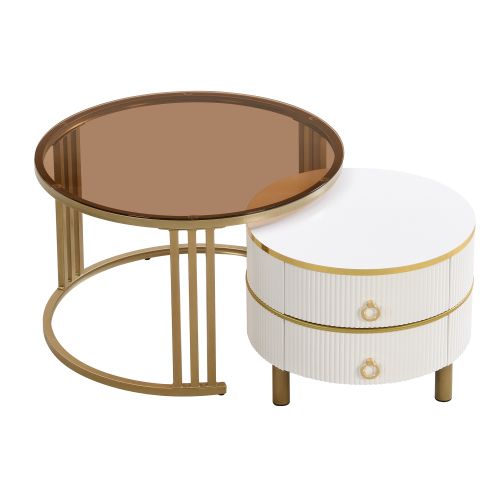Table 2-en-1 En Mdf Avec 1 Plateau Blanc Et 1 Plateau En Brun, 70x70x46 Cm + 50x50x40 Cm