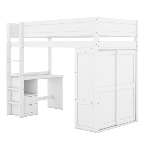 Lit Mezzanine Pour Enfant Polyvalent 90x200 Cm Avec Armoire, Bureau Et Tiroirs - Blanc