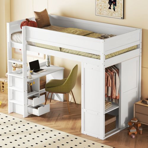 Lit Mezzanine Pour Enfant Polyvalent 90x200 Cm Avec Armoire, Bureau Et Tiroirs - Blanc