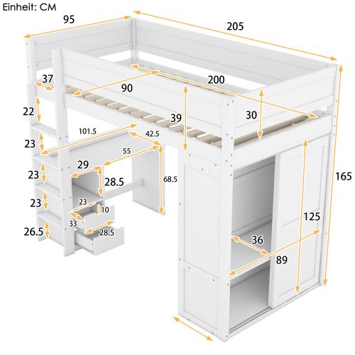 Lit Mezzanine Pour Enfant Polyvalent 90x200 Cm Avec Armoire, Bureau Et Tiroirs - Blanc
