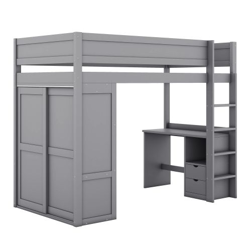Lit Mezzanine 90x200 cm Polyvalent Avec Armoire, Bureau Et Tiroirs, Gris