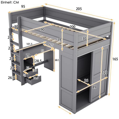 Lit Mezzanine 90x200 cm Polyvalent Avec Armoire, Bureau Et Tiroirs, Gris