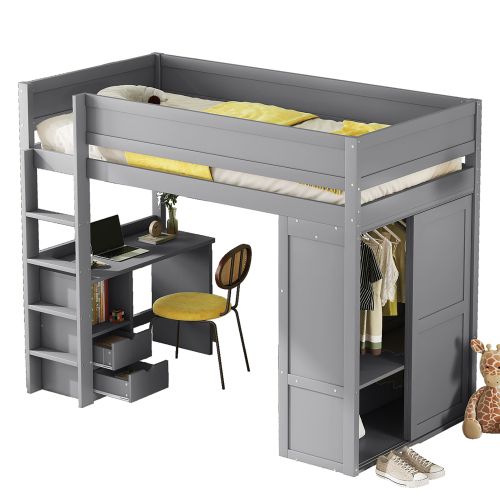 Lit Mezzanine 90x200 cm Polyvalent Avec Armoire, Bureau Et Tiroirs, Gris