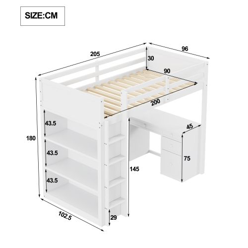 Lit Mezzanine Pour Enfant Avec Rangements Et Bureau - 90 X 200 Cm En Bois Blanc