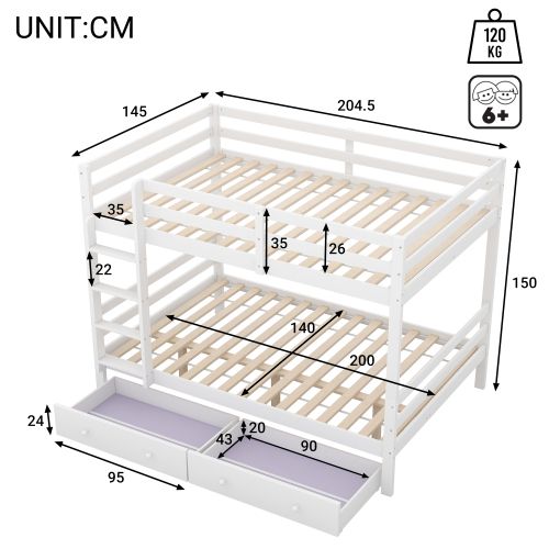 Lit Pour Enfant Superposé 140x200cm Avec Tiroirs De Rangement, Blanc