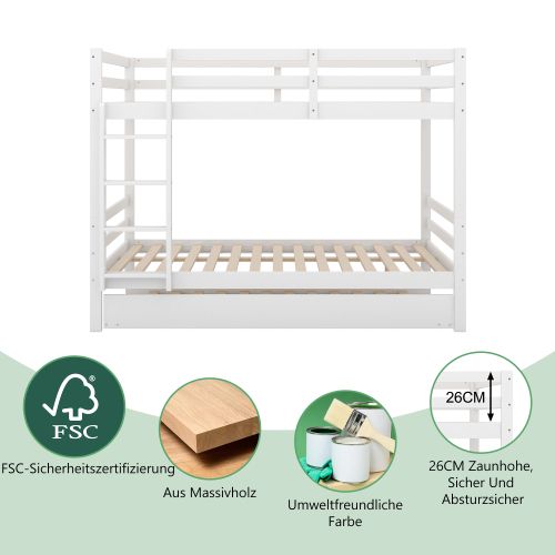 Lit Superposé 140x200cm, Lit Enfant, Lit Superposé Avec Lit Coulissant, Blanc