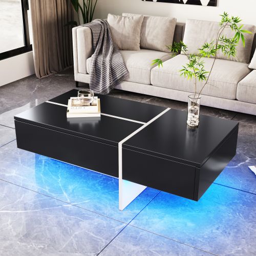 Table Basse Hautement Brillante Avec LED, Noir Et Blanc, 100x50x34,5 Cm