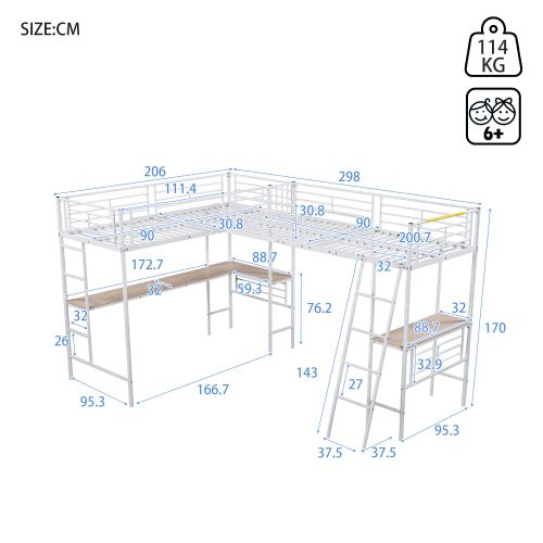 Lit Mezzanine 90x200cm, Deux Lits, Blanc