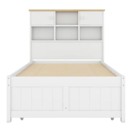 Lit plat 90x200 cm avec multiples rangements, lit gigogne extensible et trois tiroirs, blanc