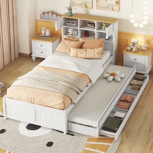 Lit plat 90x200 cm avec multiples rangements, lit gigogne extensible et trois tiroirs, blanc