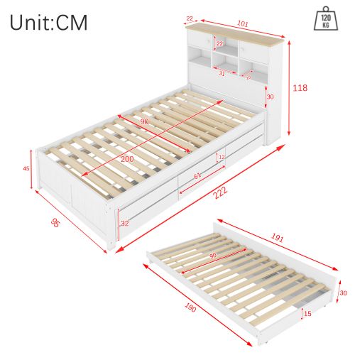 Lit plat 90x200 cm avec multiples rangements, lit gigogne extensible et trois tiroirs, blanc