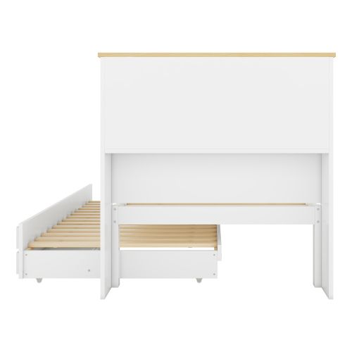 Lit plat 90x200 cm avec multiples rangements, lit gigogne extensible et trois tiroirs, blanc