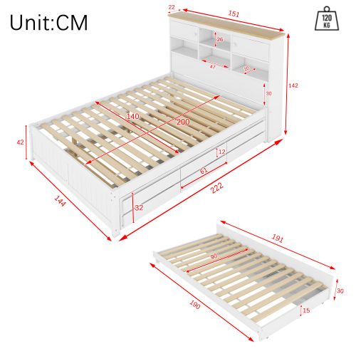 Lit 140x200 Cm Avec Multiples Espaces De Rangement, Blanc