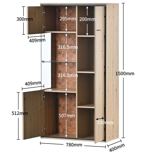 Vitrine Moderne LED 150hx78lx40pcm Avec Porte En Verre, 15 Couleurs, 8 Portes, 3 Tiroirs