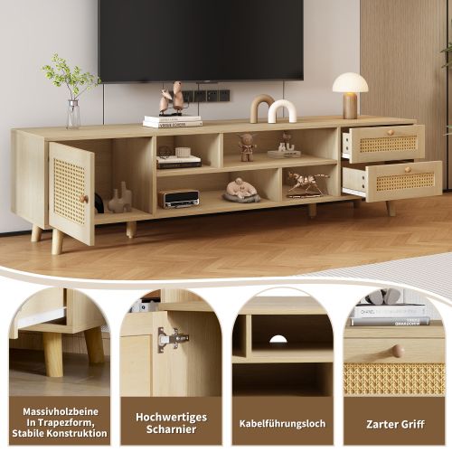 Meuble TV En Rotin Couleur Bois Premium De 160 Cm Pour Téléviseur De 70 Pouces
