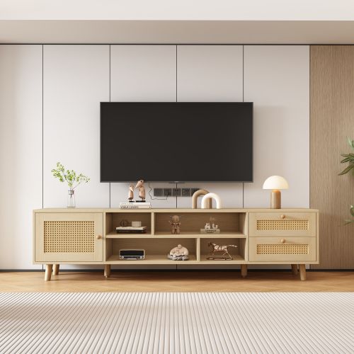 Meuble TV En Rotin Couleur Bois Premium De 160 Cm Pour Téléviseur De 70 Pouces