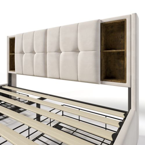 Lit Double Avec Chargement Sans Fil USB C Et 4 Tiroirs, Cadre De Lit Rembourré 160x200cm