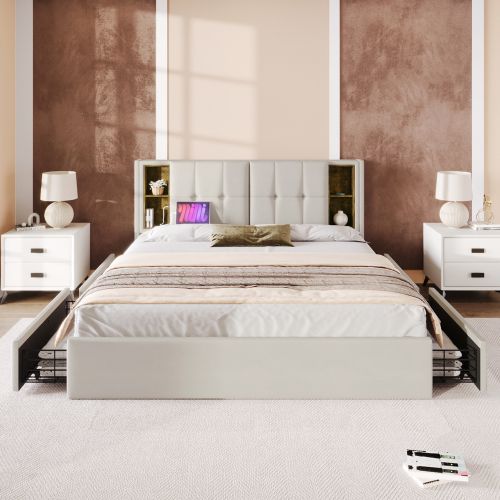 Lit Double Avec Chargement Sans Fil USB C Et 4 Tiroirs, Cadre De Lit Rembourré 160x200cm