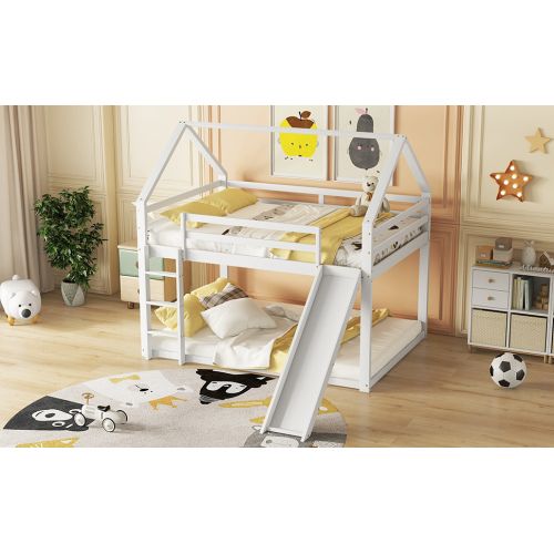 Lit Superposé Maison Enfant Avec Toboggan Et Échelle, Blanc, 140x200 Cm
