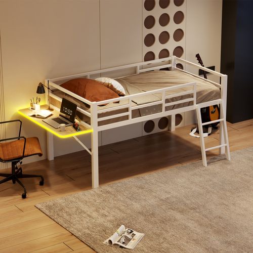 Lit Enfant 90x200 Cm, Barrières, Bureau Et LED, Métal + Bois, Blanc