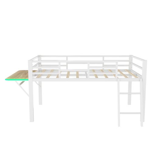 Lit Enfant 90x200 Cm, Barrières, Bureau Et LED, Métal + Bois, Blanc
