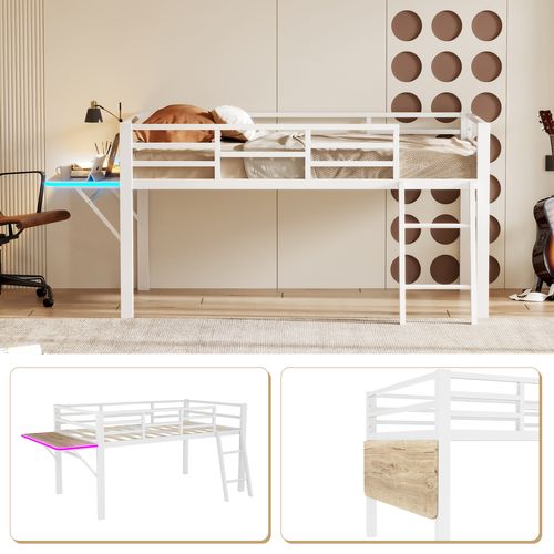 Lit Enfant 90x200 Cm, Barrières, Bureau Et LED, Métal + Bois, Blanc