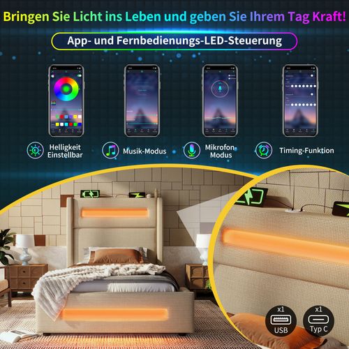 Lit Simple 90x200 Cm En Lin Beige Avec LED, Rangement Hydraulique Et Recharge USB Type-c