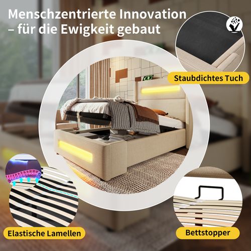 Lit Simple 90x200 Cm En Lin Beige Avec LED, Rangement Hydraulique Et Recharge USB Type-c
