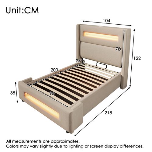 Lit Simple 90x200 Cm En Lin Beige Avec LED, Rangement Hydraulique Et Recharge USB Type-c