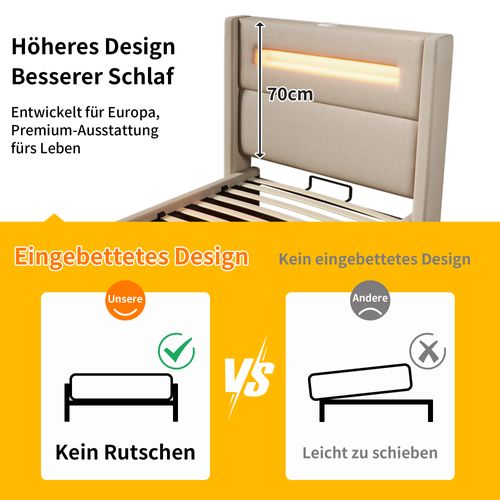 Lit Simple 90x200 Cm En Lin Beige Avec LED, Rangement Hydraulique Et Recharge USB Type-c