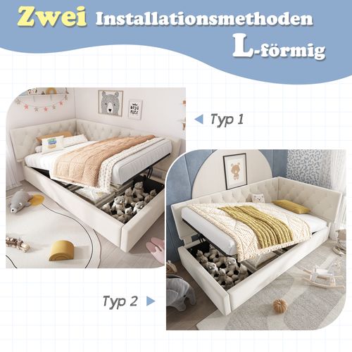 Lit Banquette 90x190 Cm En Velours Beige Avec Coffre Hydraulique Et Sommier En Bois