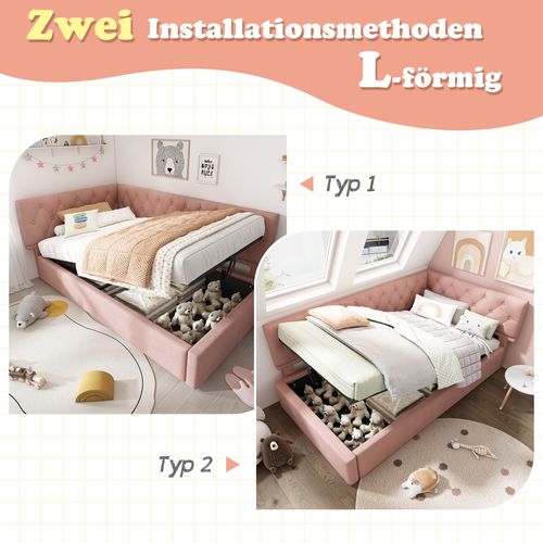 Lit Banquette 90x190 Cm En Velours Rosa Avec Coffre Hydraulique Et Sommier En Bois